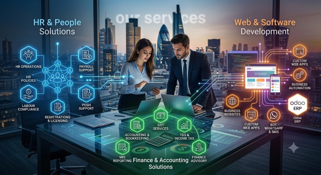 CoreComply services — HR & People, Finance & Accounting, and Web & Software Development